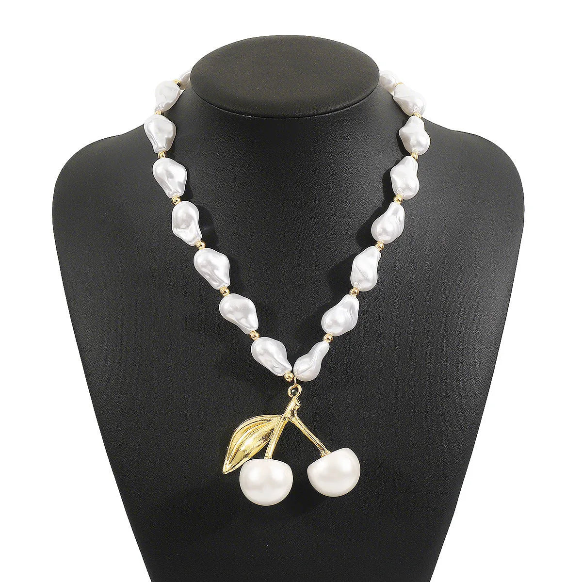 Women's adjustable pearl cherry fruit necklace with geometric pendant on 51-60cm chain