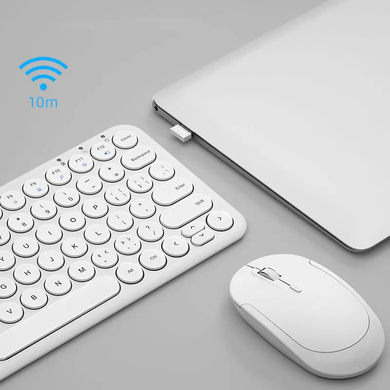 White ultra-thin wireless keyboard and mouse set with USB receiver and keyboard film on desk