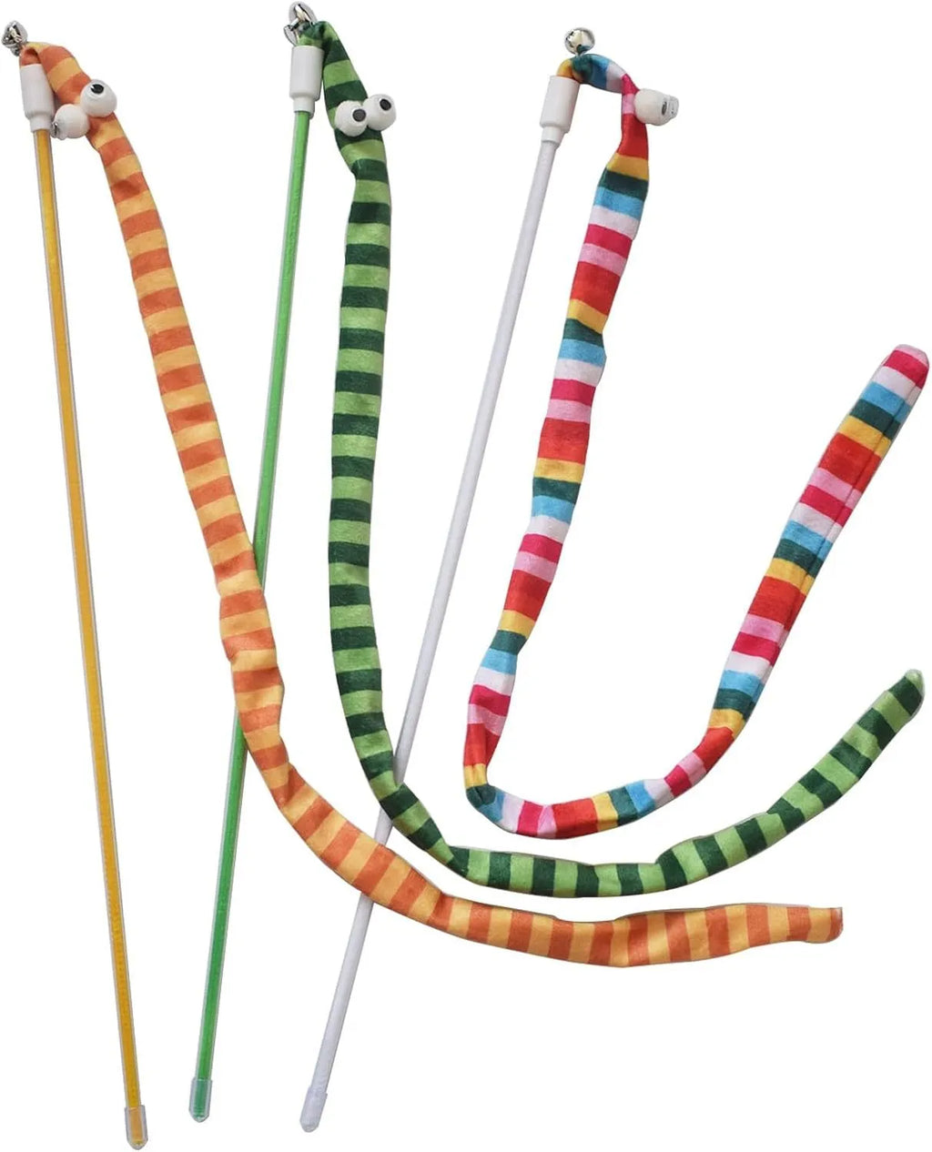 Colourful cat wand toy with polycarbonate handle and long plush strip for interactive feline play
