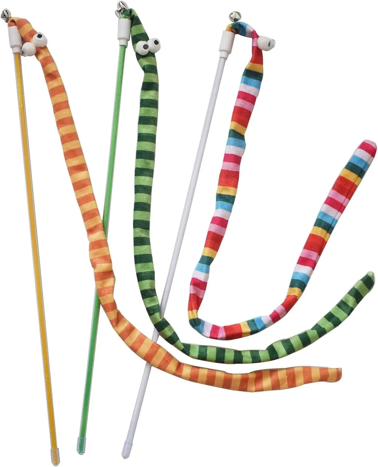 Colourful cat wand toy with polycarbonate handle and long plush strip for interactive feline play