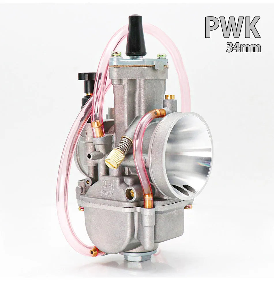 Sandblasted PWK motorcycle carburetor for performance modification, showing bore size options.