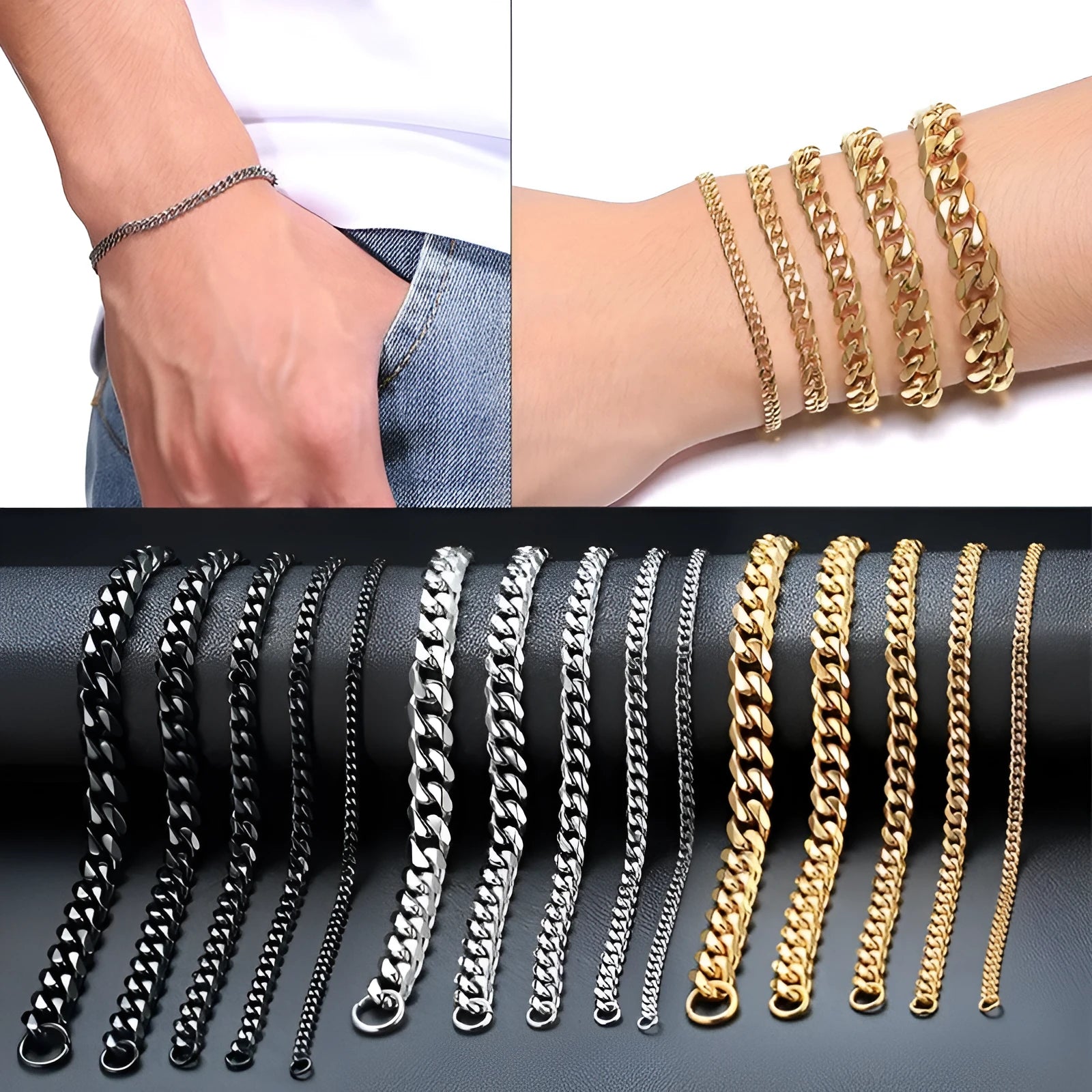 Six-sided geometric Cuban link metal bracelet in gold colour, shown in various widths.