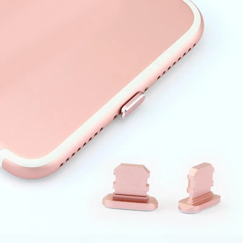 Aluminium alloy charging port dust plug for iPhone in various colours including gold, silver, blue, and rose gold.