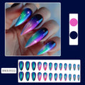 Almond-shaped false nail stickers showing French colourful leaves, gradient leopard print, star flash macaron and colourful plating designs