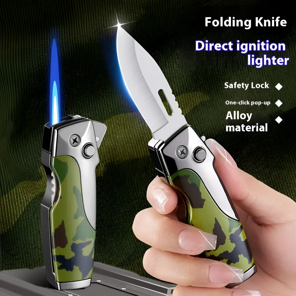 Zinc alloy folding lighter tool with integrated knife in a black wood grain finish.