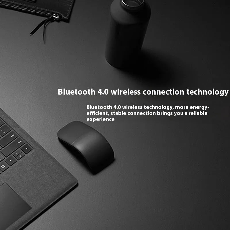 Folded Bluetooth wireless mouse showing compact 131.2mm length with touch surface and multiple colour options