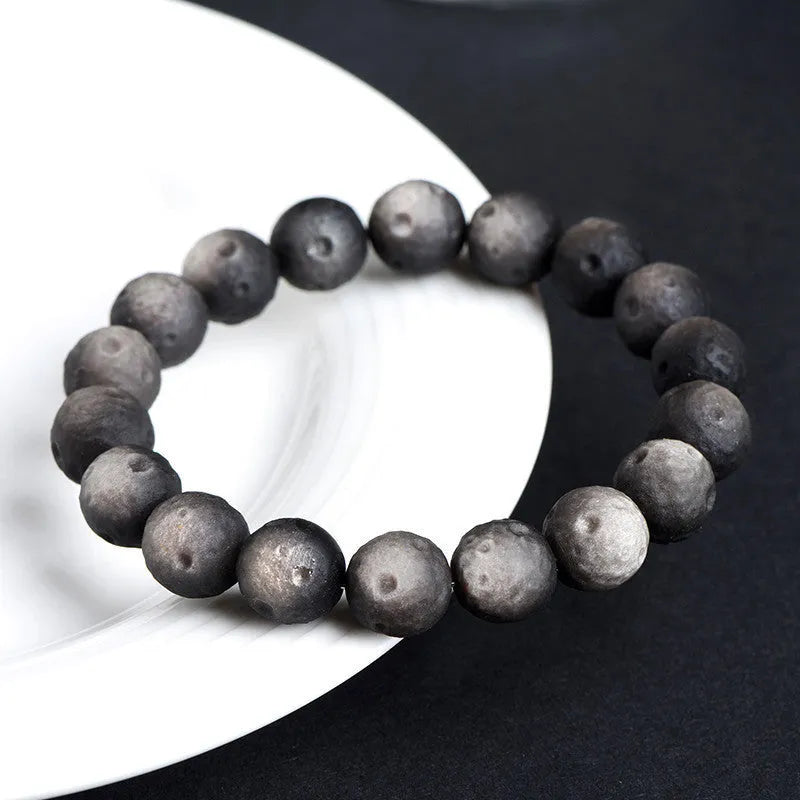 Natural obsidian crater ball bracelet with stone meteorite beads in silver or gold colour options