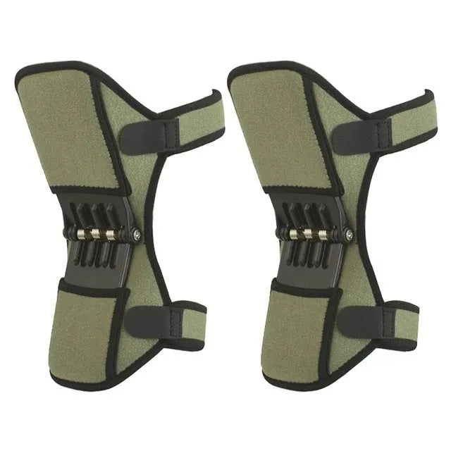 Adjustable spring knee brace support for patella, shown in black colour.