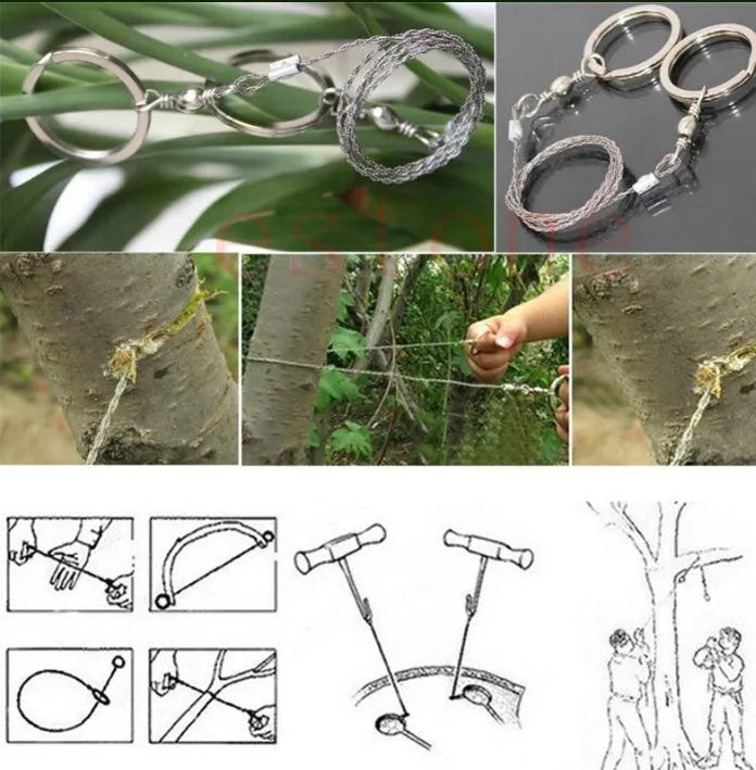 55cm stainless steel survival wire saw with pull rings and hoops on a green background.