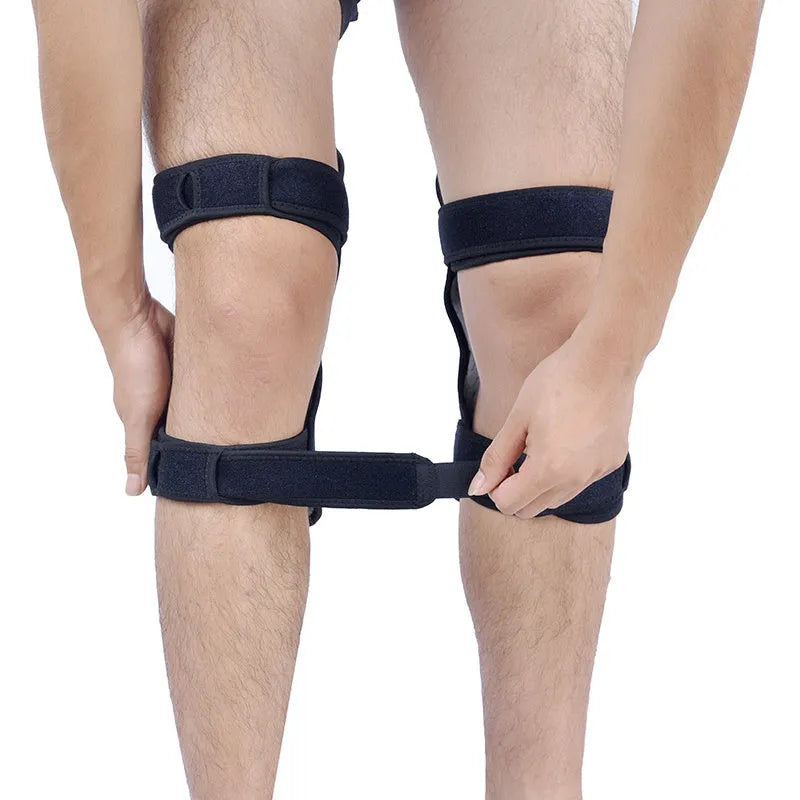Adjustable spring knee brace support for patella, shown in black colour.