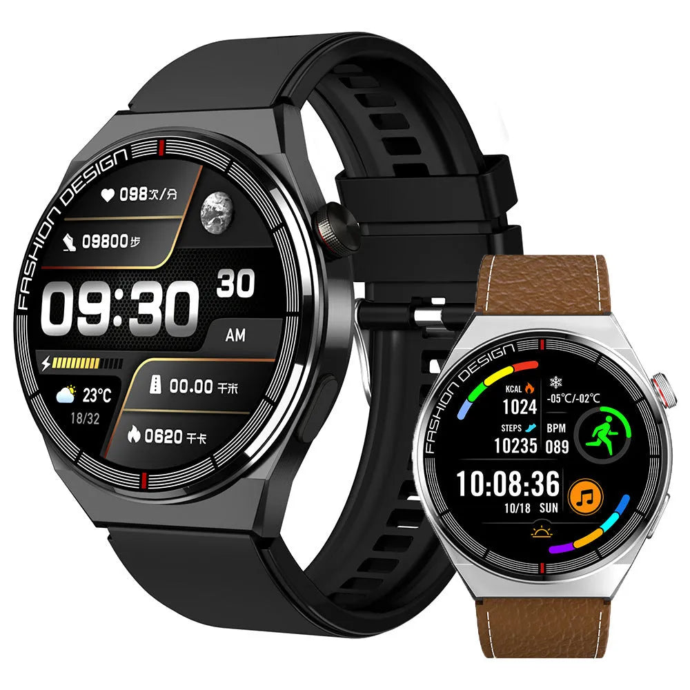 Black smartwatch with 46mm case on silicone strap showing heart rate monitoring display