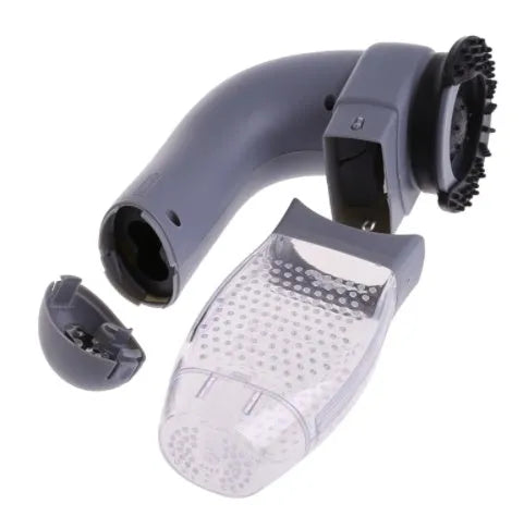 Gray portable electric pet hair remover with soft rubber head and collection canister.