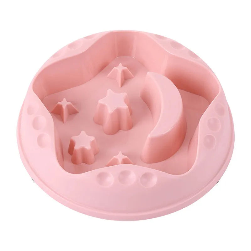 Moon Star Wings pattern slow feeder dog bowl in blue, grey, green, pink, or yellow with non-slip base