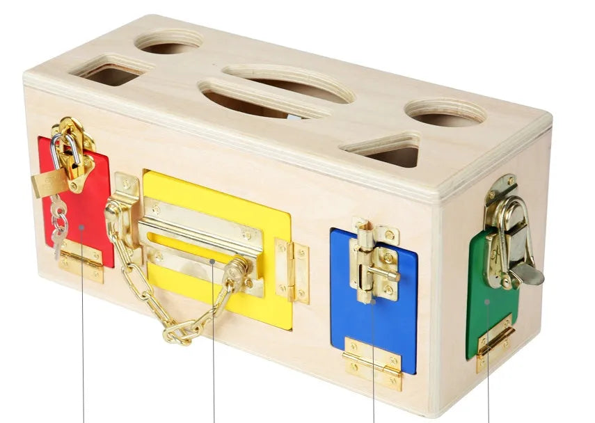 Wooden preschool shape lock box educational toy with 12 pieces