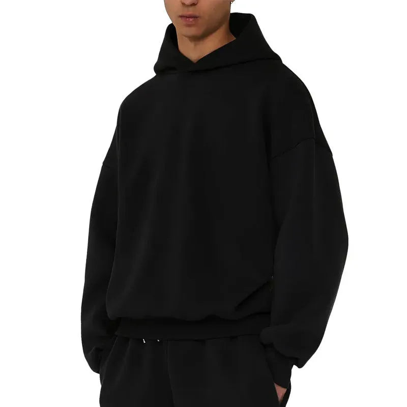 Men's fleece-lined cotton hoodie sweater in solid colour with wool lining and pullover design