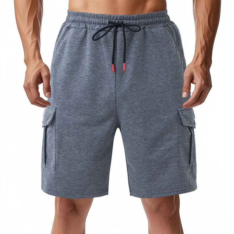 Men's heavy loose casual multi-pocket cargo shorts in light grey ring towel fabric