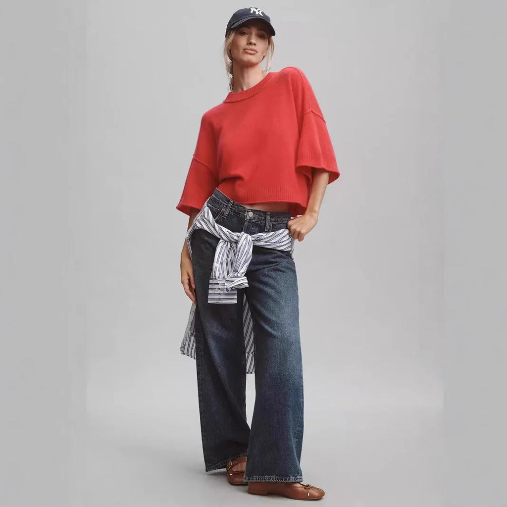 Red Hot Girl Style short T-shirt with an exposed navel cut, regular sleeves, and pullover design.