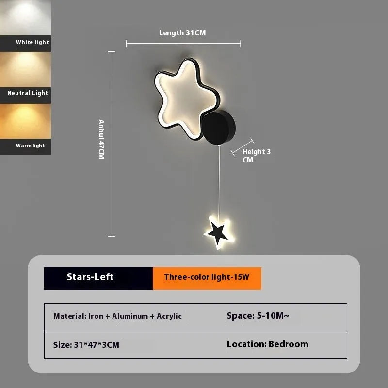Children's bedside wall lamp with cloud and star design in black finish showing three-colour LED illumination