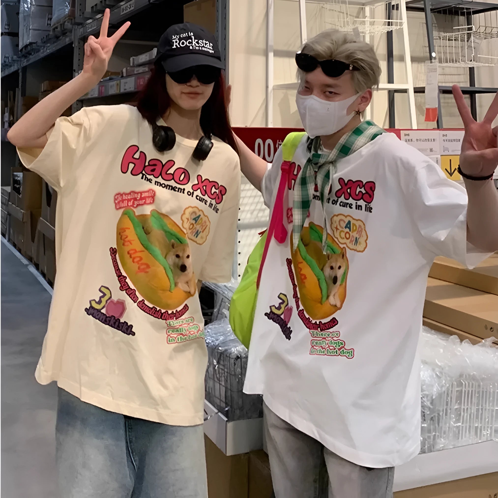 Loose fit white cotton T-shirt with a cartoon hamburger dog print on the front.