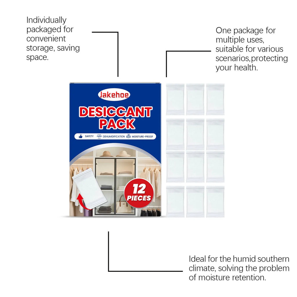 Twelve white calcium chloride desiccant sachets, each 100g, for absorbing moisture in wardrobes and cupboards.