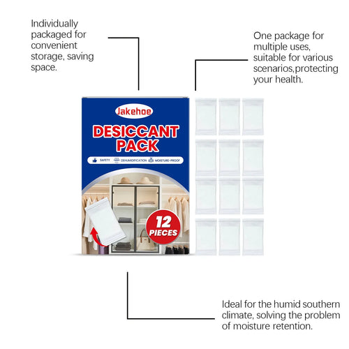 Twelve white calcium chloride desiccant sachets, each 100g, for absorbing moisture in wardrobes and cupboards.