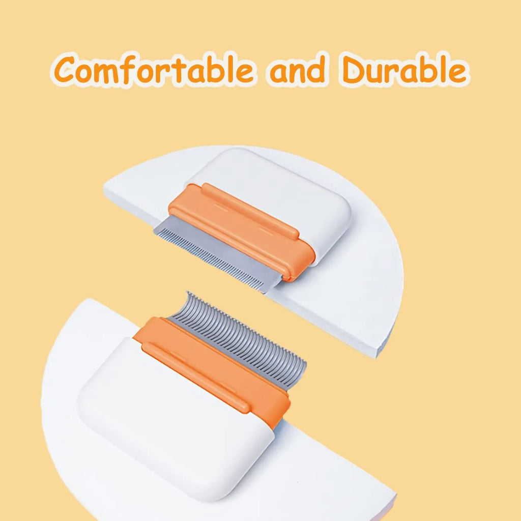Blue dual-sided pet grooming comb for deshedding cats and dogs, showing stainless steel teeth.