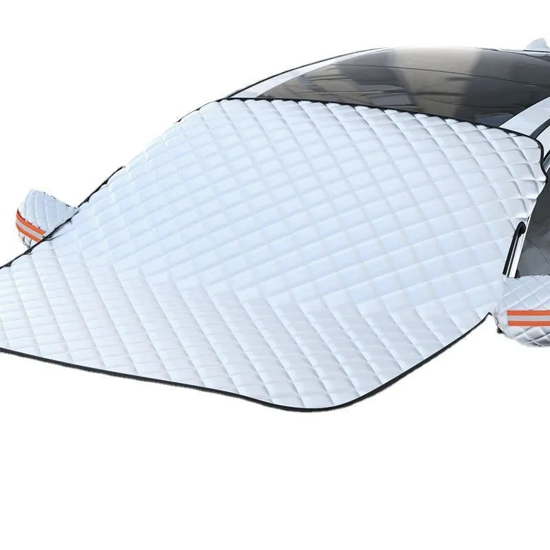 Winter car windshield cover with aluminium foil and reflective stripes for frost protection