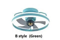 Modern ceiling fan light with light on, showing white PC blades and acrylic lampshade