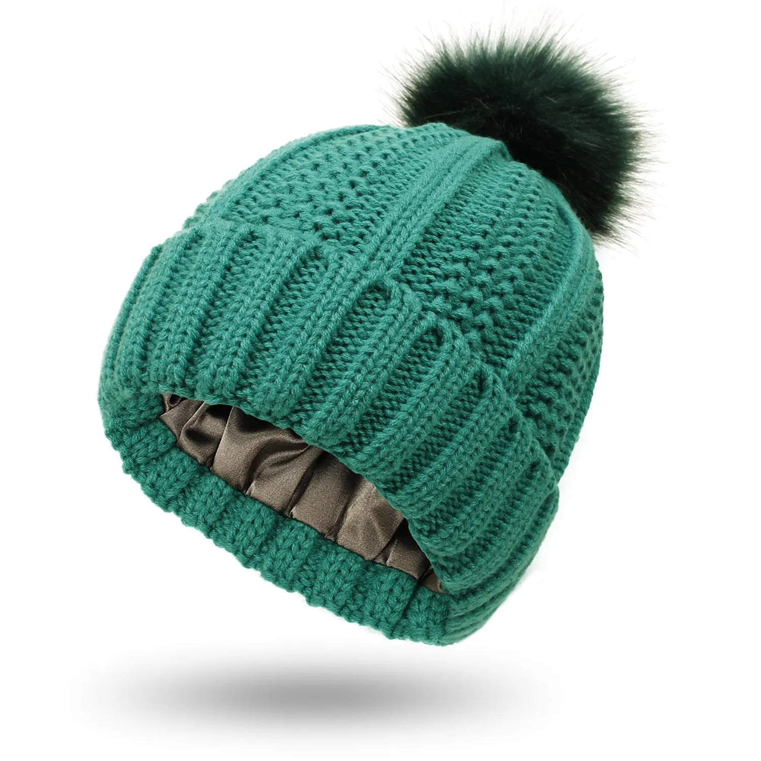 Wool knitted beanie hat with satin lining and faux fur pom pom in beige colour