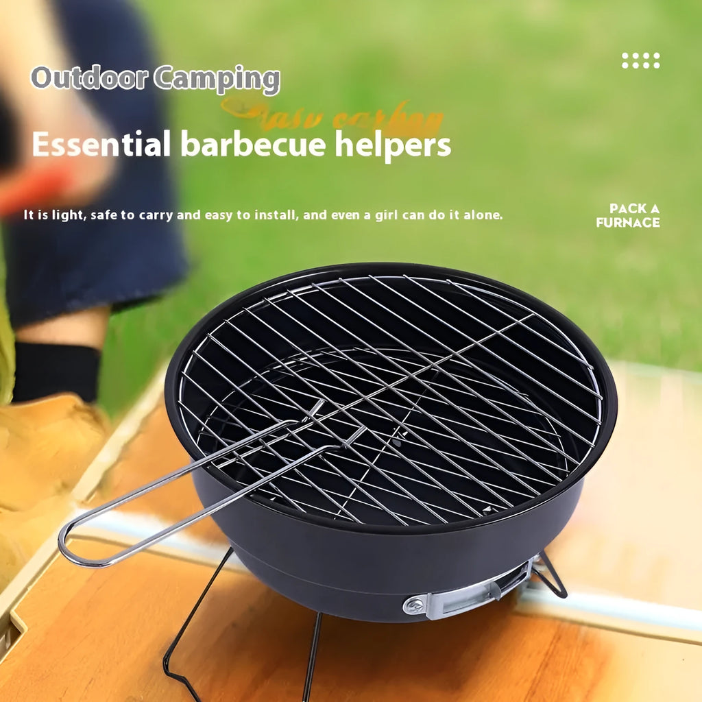 Small folding round ice stove with grill mesh, barbecue grill, furnace legs, and carbon clip components