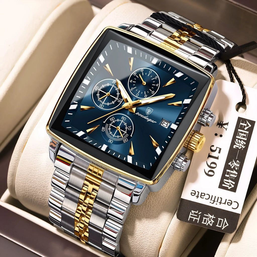 Square men's business watch with stainless steel strap showing gold case with blue dial colour option