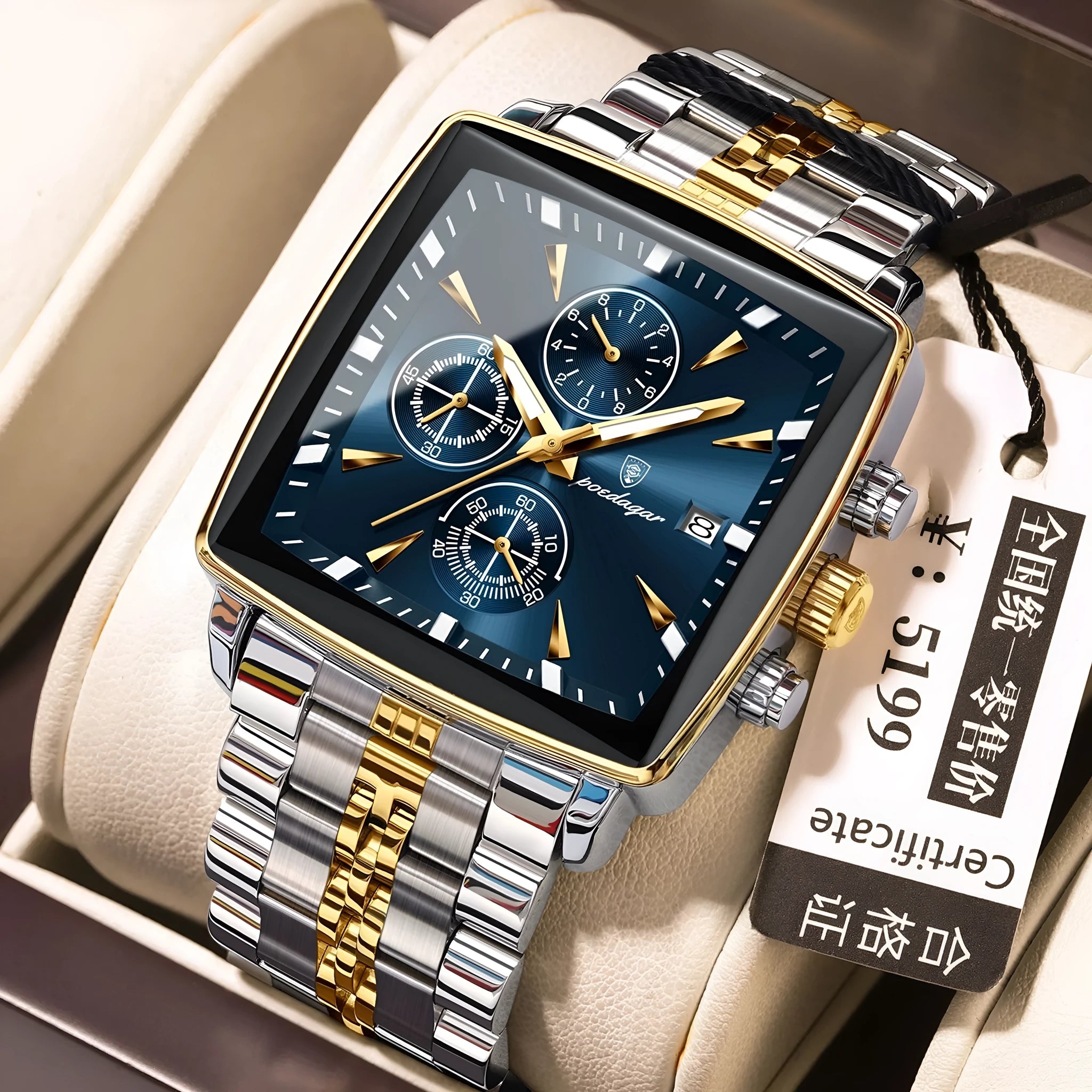 Square men's business watch with stainless steel strap showing gold case with blue dial colour option