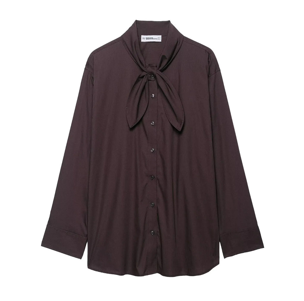 Brown women's cardigan-style shirt with long sleeves and a built-in bow tie scarf detail