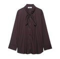 Brown women's cardigan-style shirt with long sleeves and a built-in bow tie scarf detail
