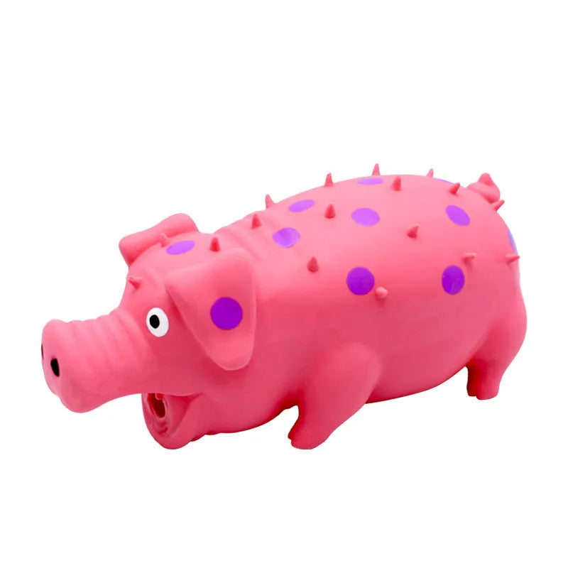 Blue pig-shaped latex dog chew toy with a textured surface and squeaker.