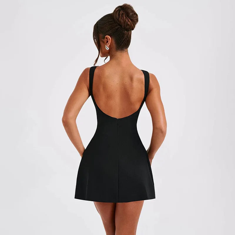 Backless slim-fitting sleeveless summer dress in polyester fabric on a hanger