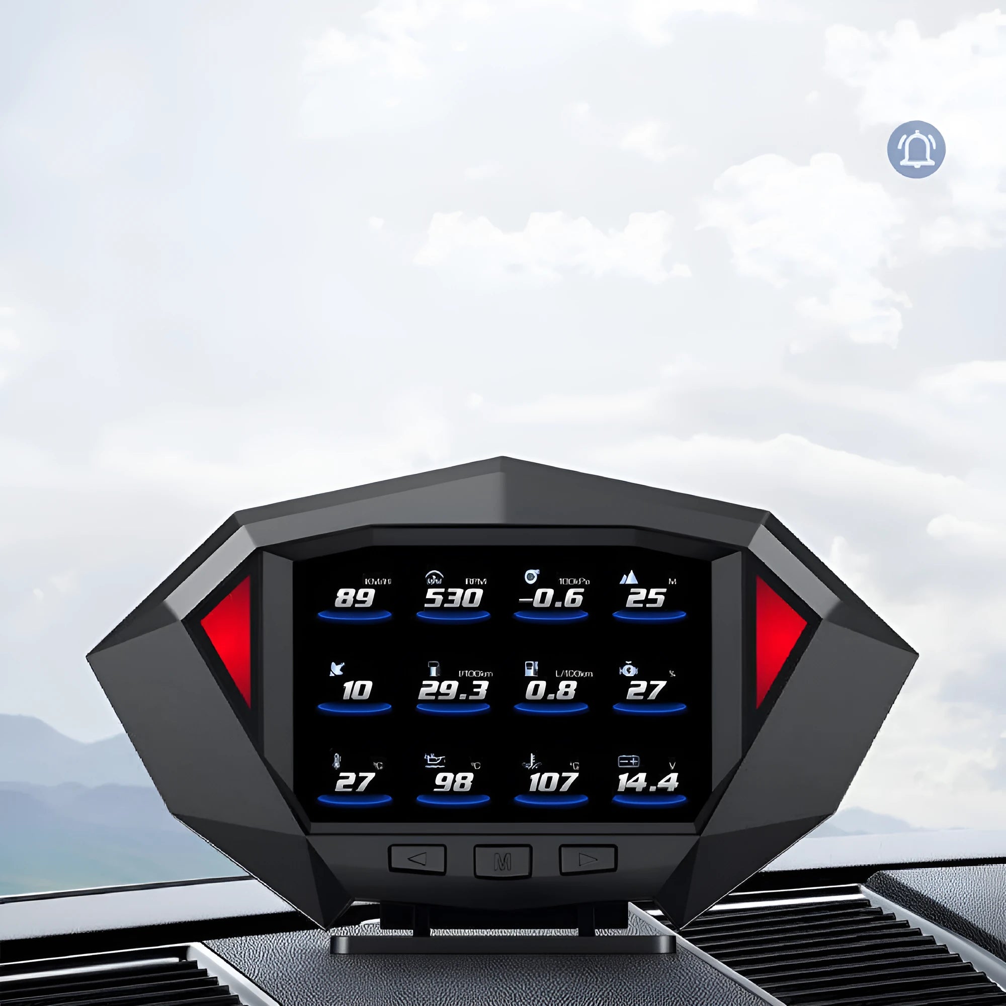 P1 black vehicle head-up display unit with OBD cable on a car dashboard.