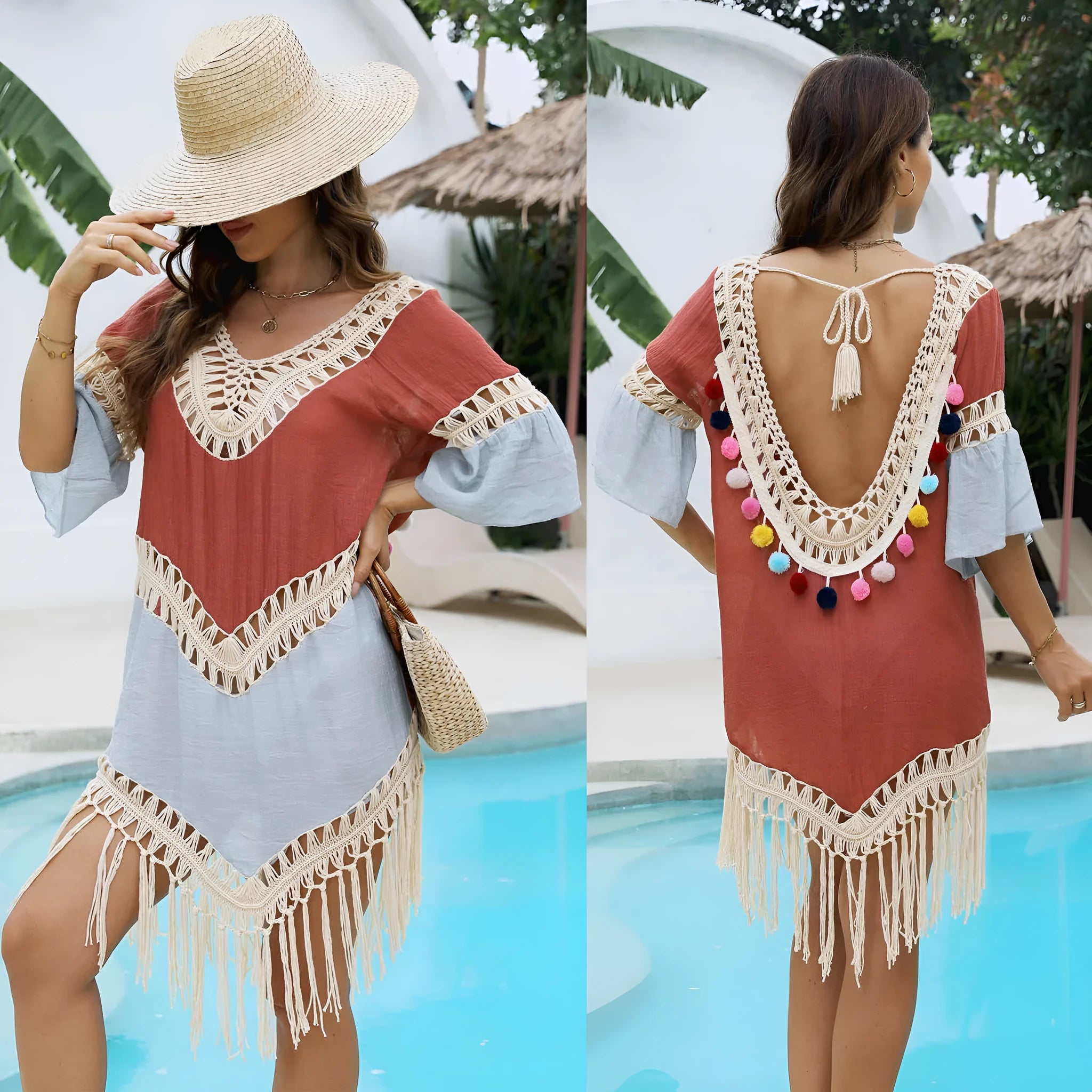 Orange floral pattern beach overskirt with hand crochet stitching and tassel hem detail