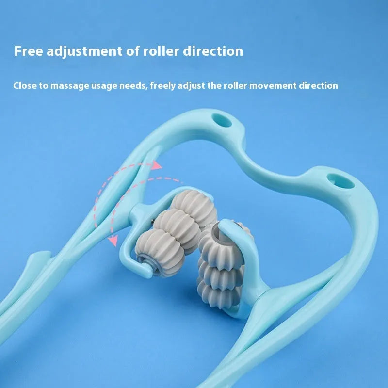 Blue plastic six-wheel manual massager for neck, shoulder and waist tension relief
