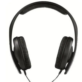 Black head mounted stereo headphones with microphone and 3.5mm plug