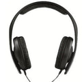 Black head mounted stereo headphones with microphone and 3.5mm plug