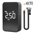 Portable wireless tyre inflator pump with digital display screen showing pressure readings