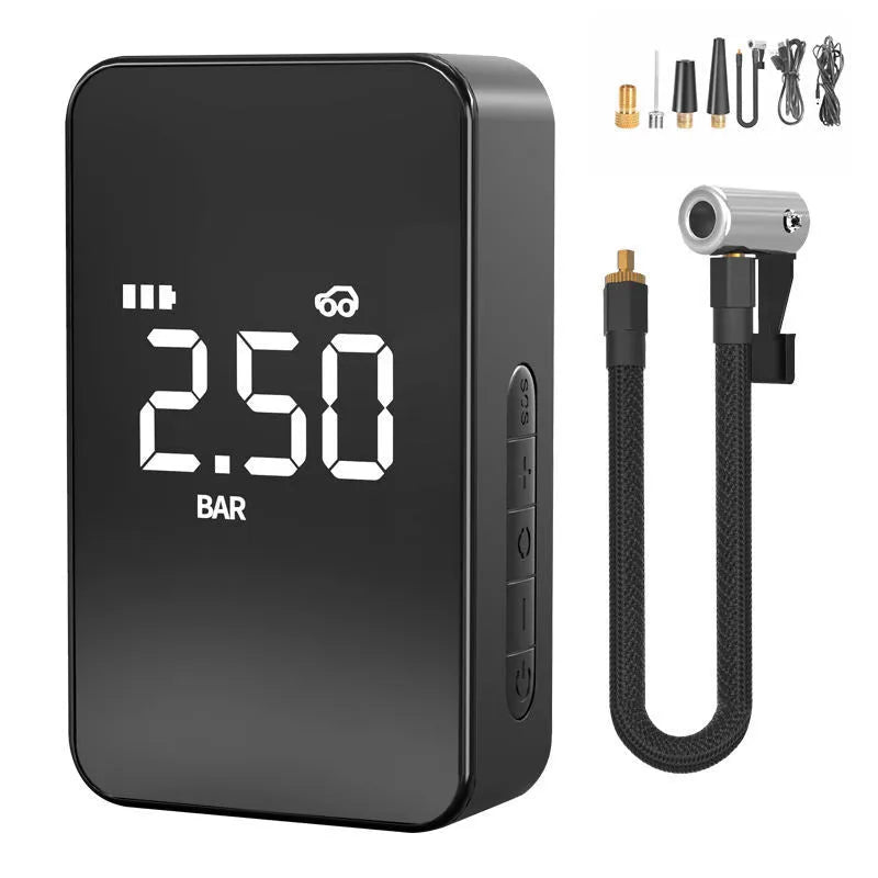 Portable wireless tyre inflator pump with digital display screen showing pressure readings