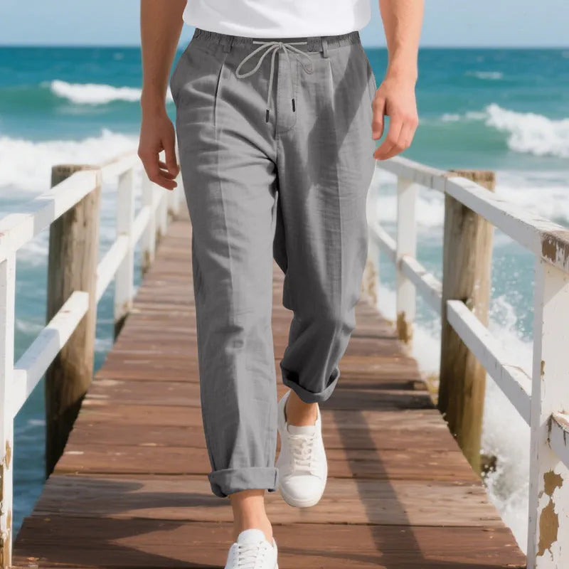 Men's straight leg linen trousers with drawstring waist in light khaki colour