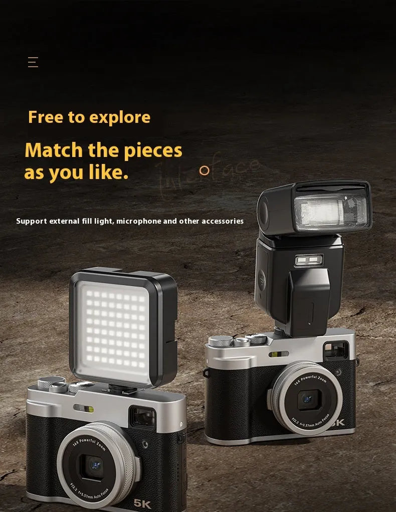 Black and brown 5K HD digital camera with front and rear lenses, optical viewfinder, and 2.88-inch screen
