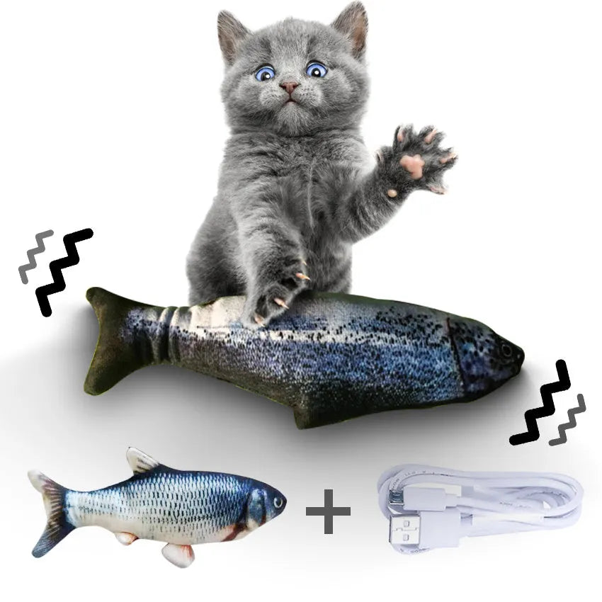 Electric jumping fish simulation cat toy showing multicolor options and USB charging cable.