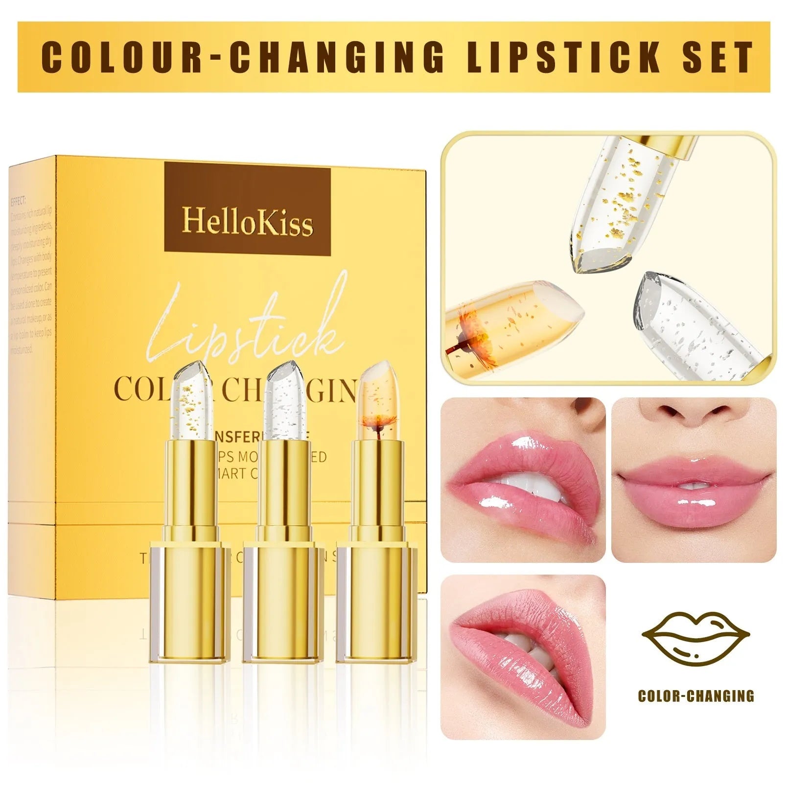 Anti-smudge lipstick with warm colour-changing effect and gilding finish