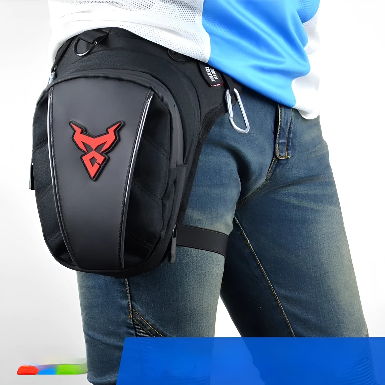 Motorcycle leg bag in red, blue, green, or grey, showing adjustable straps and 1200D Oxford cloth construction.