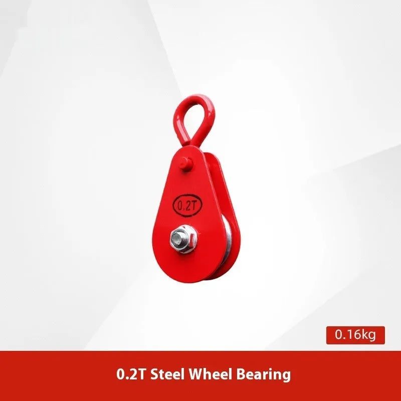 Red forged steel lifting pulley with a safety latch on the hook, for industrial wire rope use.