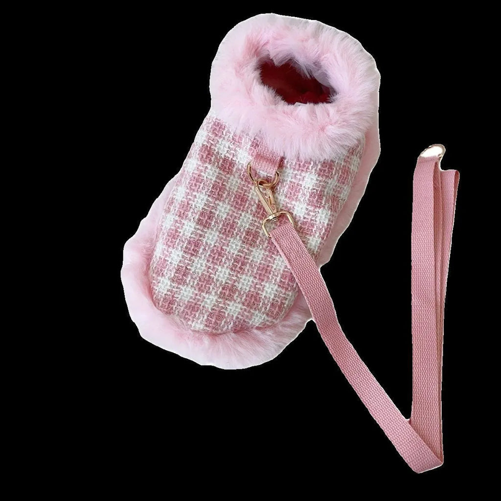 Female pink cat costume set with cape, beret, and hand holding rope for events